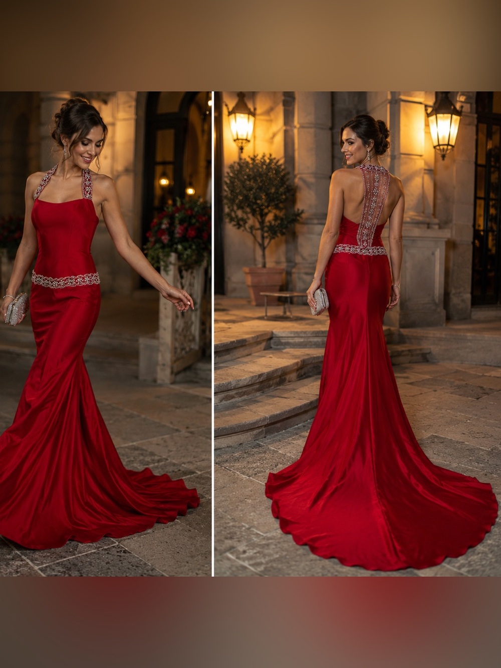 Vintage Precious Formals Red Beaded Halter Mermaid Gown Crystal Prom Dress